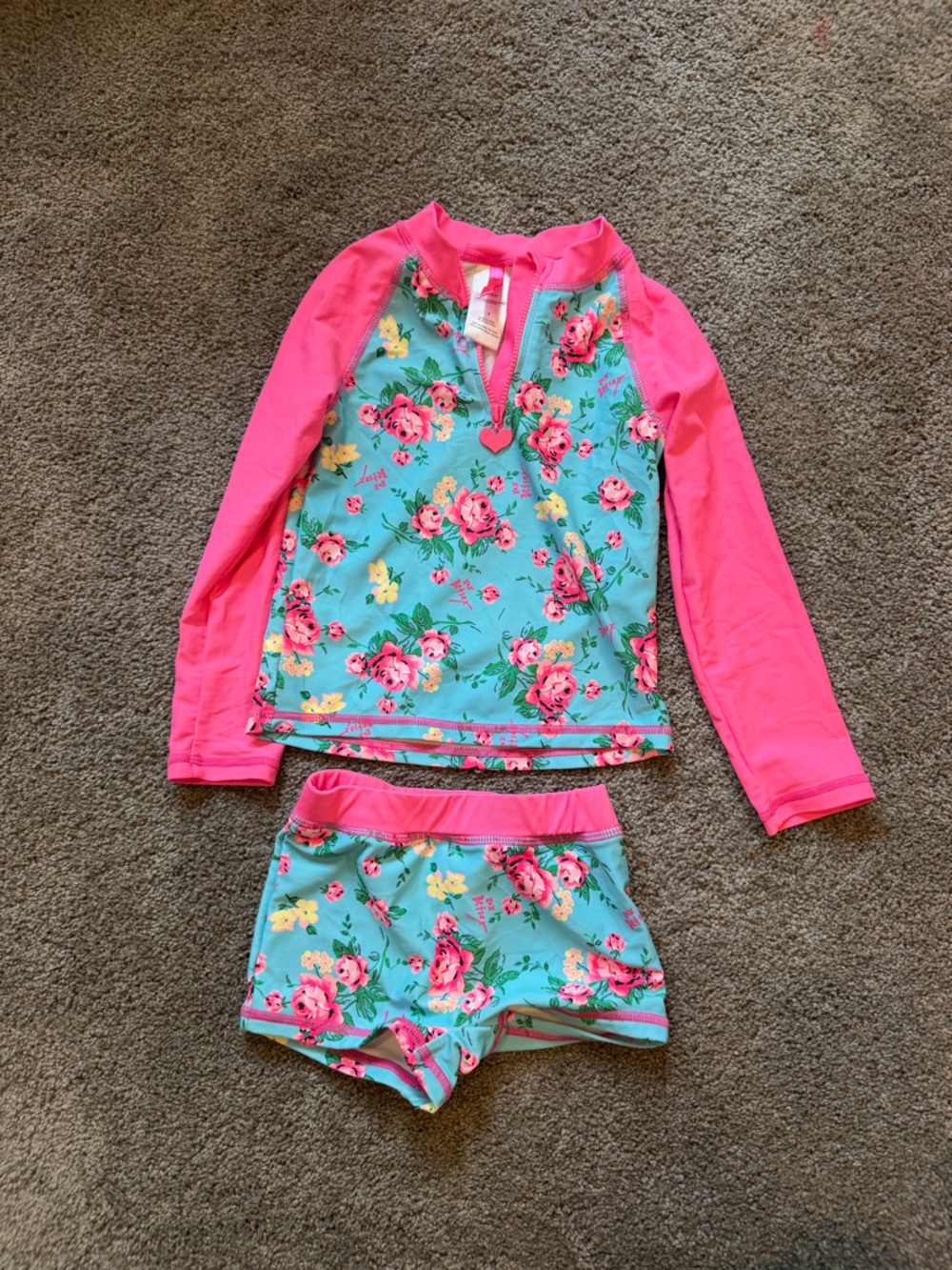 Betsey Johnson Girls Floral Two-Piece Rash Guard Set in Turquoise and Hot Pink
